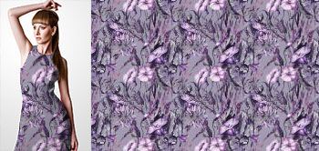 02022 Materiał ze wzorem duże, ręcznie malowane, fioletowe kwiaty (fiołki) w stylu akwareli